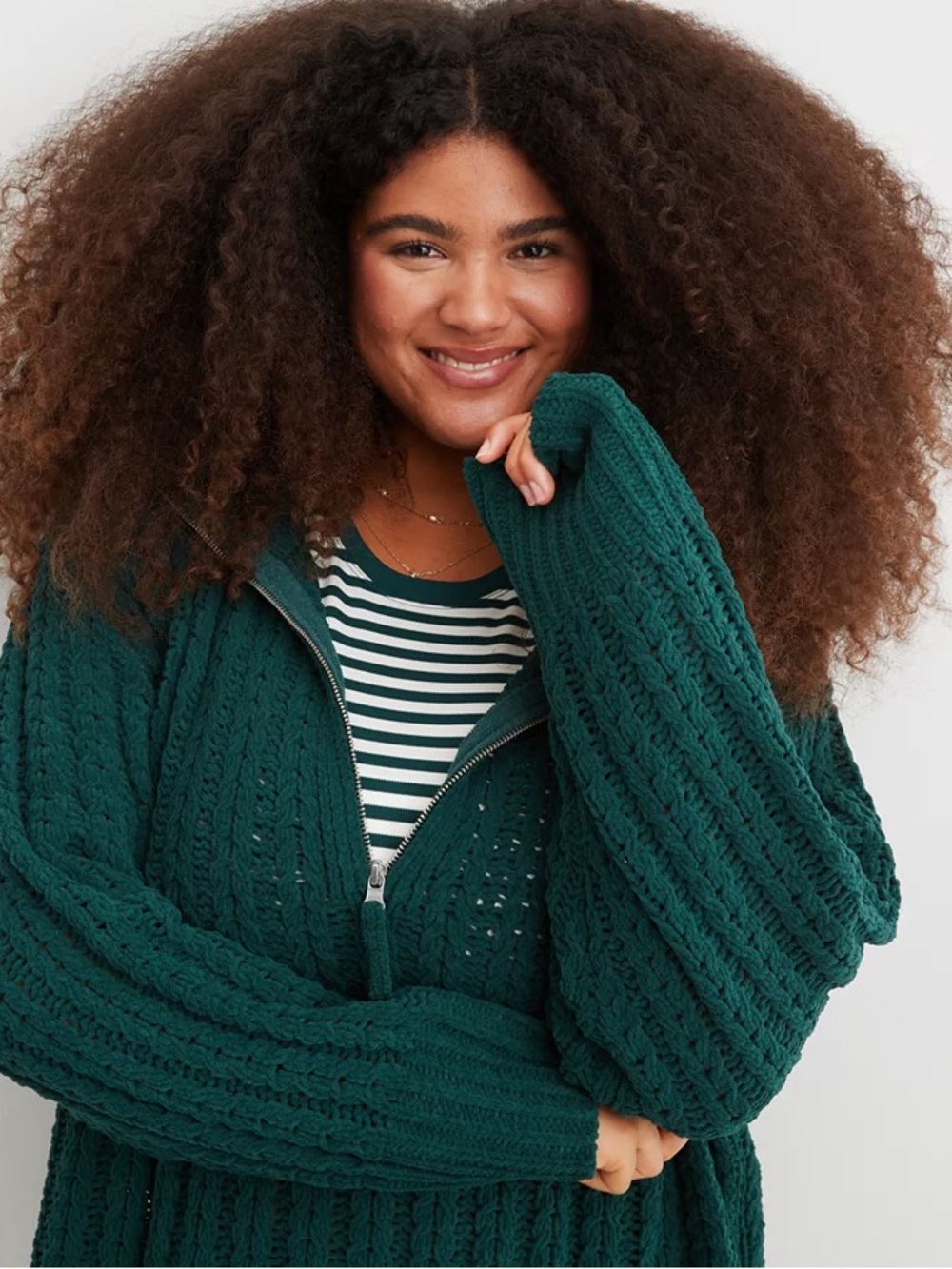Aerie Cable Car Knit Quarter Zip Deep Forest Green Chenille Sweater L - Picture 2 of 13